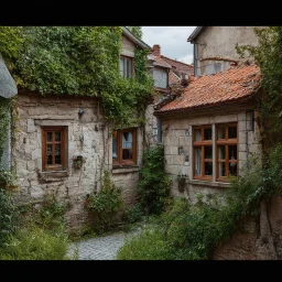 An oddest village, details of the houses very accentuated, Max Ernst style, claustrophobic and paranoic details, Hasselblad h6d400c