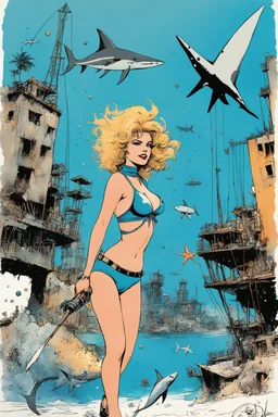 high res photo by Ralph Steadman: special issue on fishing sharks in the sunken city guest star: Barbarella in two pieces swimsuit makes a starfish with her arms and legs fishing sharks underwater in a post apocalyptic city