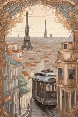 Lisbon city view with famous tram and eiffel tower in background, detailed art nouveau style, art deco, fantasy, intricate, organic