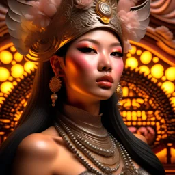 Hyperrealistic wetring style hoa bình hottest asian goddess orero dream adorned with whums, Kodak color, silver hot goddes dadaism silter style, sharp focus, 33mm photography, ornate, hypermaximalist, photorealistic light pink and dark silver rust gradient and front jut detailes, textured, background extremely detailed