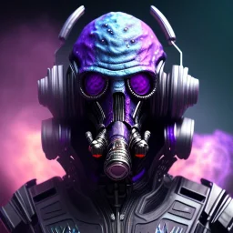 full body apocalyptic purple masked villain in galaxy, teal and purple smoke, detailed, realistic, 4k