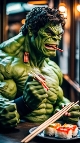 a hulk eating sushi with chopsticks, moody good lighting, best quality, full body portrait, true portrait, complex details, depth of field, Fujifilm xt3, outdoor, beautiful light, raw photo, 8K UHD, police