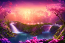 island waterfall palms twigs spring sunset pink flower bridge buterflies