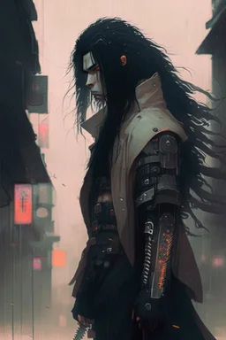 Street samurai, black hair, long hair, cybernetic eyes, standing in mists, male, dark art, Ivory Peach skin, cute, Cyberpunk