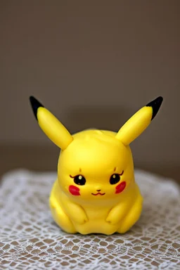 cute and nice faced marzipan Pikachu on a lace blanket on a kitchen table