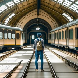 man at the door of a train in a beautiful train station