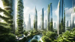 A futuristic skyline dominated by organic skyscrapers that pulse with energy and merge seamlessly with lush, vertical gardens