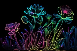 black background, outlines of a holographic flower garden drawn from thin neon-coloured glowing lines