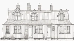 A front elevation fine line drawing of a row of ramshackle fantasy cottages.