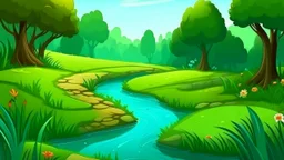 Fantasy cartoon illustration: path in the grass near a pond