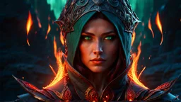 Armageddon. ragnarok. molten lava. 18 year old female sorcerer. fantastic beautiful magical green eyes. blue fire. red sparks. exquisite realism, a masterpiece, fantasy concept art, dynamic lighting, hyperdetailed, intricately detailed, deep color, Unreal Engine, volumetric lighting , Epic cinematic brilliant stunning intricate meticulously detailed dramatic atmospheric maximal,