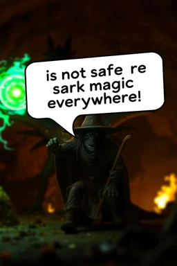 speech bubble in front with weird font saying "It is not safe here bro! Dark magic everywhere." fast killer glowing ball closeup femi semi-dragon in background, magic swirl, strong winds, true grit, reggae native stand off fast draw poncho cowboy wizard on knees hurt punching green and blue fire ball whip while taking sight wand slinger, in flame lit cave ,bokeh like f/0.8, tilt-shift lens 8k, high detail, smooth render, down-light, unreal engine