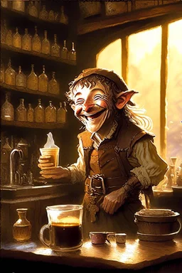 [coffee] In the Inn, the smiling hobbit worked behind the bar. Though small in stature, none was more joyful in service. His eyes, bright as sunrise and always upturned in mirth, inspected beans from distant lands. From the machine poured drinks like liquid gold. Each shot drew from him a chuckling sniff, scents of exotic hills filling his head. With care he textured cream, lips still smiling as lofty peaks crowned. Patrons gathered round pots steaming, laughter echoing as in a hobbit-h