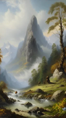 This painting is a landscape painting with towering peaks in the distance, a steep mountain with a cloud shrouded summit. At the foot of the mountain, there is a clear stream flowing out of the mountain stream, passing through dead leaves and stones, emitting a faint rumbling sound. Alongside the stream, there is a lush forest where small animals forage and play under the trees. The sky in the painting is clear, seemingly radiating a glow. The entire painting is bright, using different shades of