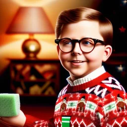 ralphie peter billingsley glasses, chubby boy in argyle sweater holding a bar of (red soap)