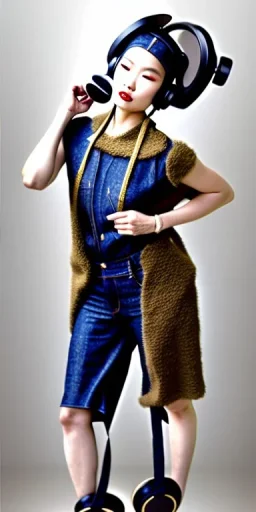 Lively fleshy Asian woman black hair. thick thigh, thick calves. Style: Haute Couture, 1920's, late nineties, street style.Mantle is sewed of recycled Denim and sewed together of camouflage pieces.Big headphones, with gold rings, is merged with small felt cap with small visor. A bag is integrated to the mantle. Patterns are composed of orange, cream, blue, lilac and purple. blue latex somewhere. It is with big bright purple felt tippet and cream-colored-hood. mantle is merged with tippet.