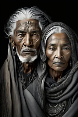 a photo of an Berber man and woman with ethnic jewelry, grey hair and grey flowing robe, in style of Annie Leibovitz, contemporary portrait of a mature yet beautiful and modernist, black and grey, detailed face, swirling fluid smokey enigma, award-winning artwork