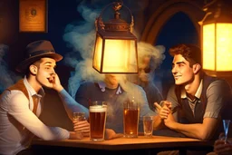 Smoky pub, cheerful young men drinking around a table, a policeman looking thoughtfully at the ID card of one of the boys, lantern light