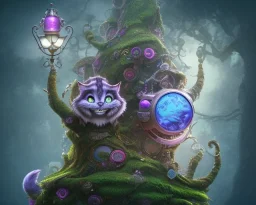 cheshire cat in a tree, leaning on a branch, wide grin, glowing eyes, blue and grey, alice in wonderland, signpost pointing in different directions, orbs of light, tea pot, teacup, film still