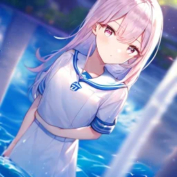 Clear focus,High resolution, Blue long hair, Light pink eyes,Wearing a sailor uniform,Looking away from the viewer, Blurry water