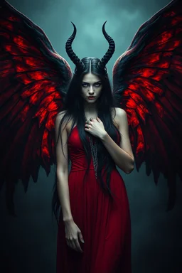 Daughter of Lilith, beautiful, wild woman, stunningly terrifying and powerful personality, black angel with wings in a red dress, long, dark hair with suggestive dark eyes, wonderful, erotic, ancient woman, a demonic woman who controls with her strength, power, sharp focus, high detailed, high realistic, master photo, pale lights, deep night, eerie atmosphere, gothic, dark mystic atmosphere, stunning, masterpeace, cinematic,