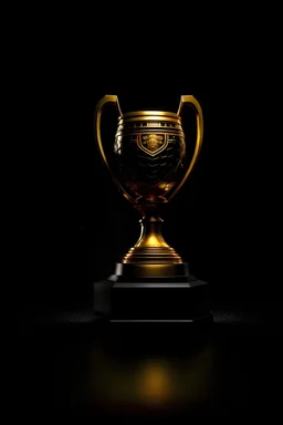 Create an image with full HD resolution, where the predominant colors are black and gold. This image must contain, prominently in the bottom left corner, the image of the trophy awarded to the Libertadores de América champion.