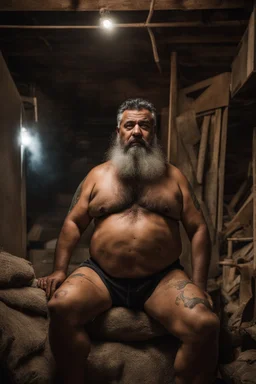 full figure shot photography of a 49-year-old turkish chubby heavyset tattoo very hairy sweaty worker sitting spread-legged in an old sofa inside a construction site shed, big shoulders, boots, dressed in bulging shorts,shirtless, stubble, big manly legs, hairy chest, serious eyes, midnight, dim neon lights illuminating and shine on the beards of sweat that fill his large chest, photorealistic , ambient occlusion, view angle from the ground