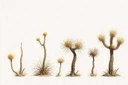 "Isolated concept art of multiple types of alien tree plant on a plain neutral background. Designed for Desert biome – dry, spiky, brittle grass with sharp edges, thorn-like blades, and pale dusty colors