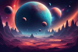 Cosmic planet landscape illustration.