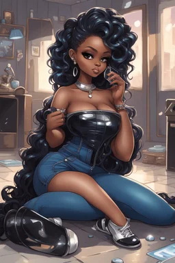 Create a futurism magna art of a black chibi curvy female sitting on the floor looking at herself in a hand mirror. She is wearing tight blue jeans and a black off the shoulder blouse. Prominent make up with lush lashes. Highly detailed long wavy hair. She is also wearing silver large hoop earringsart of a black chibi curvy female sitting on the floor looking at her cell phone. She is wearing tight blue jeans and a black off the shoulder blouse. Prominent make up with lush lashes.