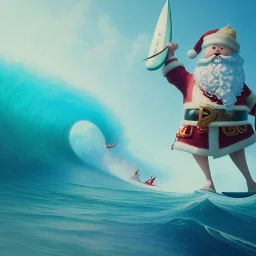 Santa standing of surfboard surfing a big wave, surfboard, beach, character design by cory loftis, fenghua zhong, ryohei hase, ismail inceoglu and ruan jia. unreal engine 5, artistic lighting, highly detailed, photorealistic, fantasy