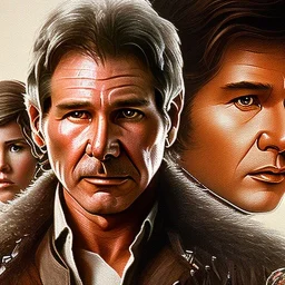 stunning photo realistic detailed head to waist portrait of harrison ford as han solo in star wars with photo realistic short hair, brown eyes, professional painting by drew struzan, trending on artstation, Sharp focus, weathered skin,space jacket from star wars