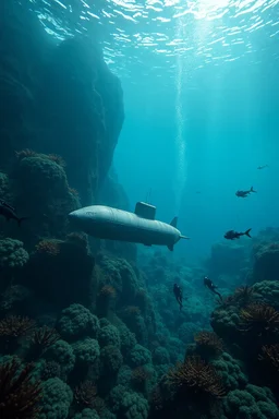 Atalantis the lost city under the ocean water with marine plants and a submarine is sinking underwater and small divers are diving around , cinematic scene with fish and sharks around