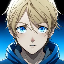 Teenage boy, blonde hair, blue eyes, anime style, front facing, looking in the camera,