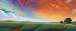 (Mandelbrot set:1.7) fractal clouds over (fields of Mandelbrot:1.6); side view, wide horizon, wide angle, acrylic painting, swirl dynamics, tint leak, stable chaos