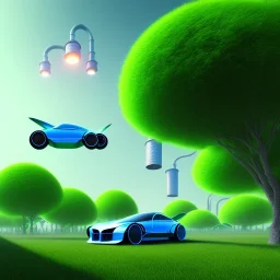 energy, power plant, technology, future, flying cars, green trees, blue sky, people