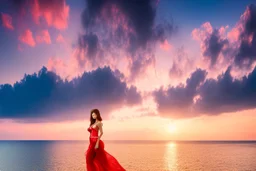 very nice real face beautiful sexy roman with make up at the beach standing pose in a short lace red and silver dress, full body, 3D cloudy sky volumetric nice clouds 8k sharp focus,sunset,golden hour,medium shot