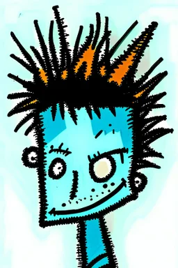 2d drawing of a stickman, cool with punk hair, x eyes like hangman, close-up, side view bended looking into the camera, smiling,in colour