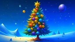 fantasy cartoon illustration: a golden star on top of the tall Christmas tree, decorated wit blue, red and purple Christmass balls, in the snow