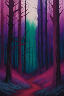 forest in dark red and purple trees and dark green and dark blue colors only, thin lines draw style , Busch painting style nightmare