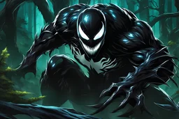 Shadow symbiote in 8k realistic anime drawing style, bear them, neon ice power, dark forest, highly detailed, high details, detailed portrait, masterpiece,ultra detailed, ultra quality