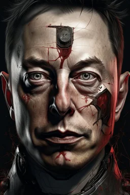 Portrait of Elon musk, half cyborg with metal pieces showing under skin, one eye red
