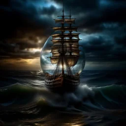 view of turbulent swells of a violent ocean storm, inside a glass bottle on the beach ม dramatic thunderous sky at dusk at center a closeup of large tall pirate ship with sails, breaking light