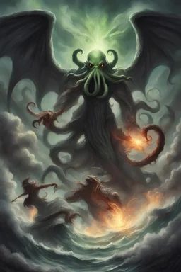 cthulhu librando una batalla celestial contra angeles y demonios