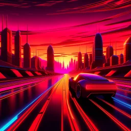 A cinematic photo of Sunset Drive, bathed in warm, neon-lit hues, evoking the nostalgia of Retrowave and 8Bit eras, with bold, geometric shapes and vibrant, electric colors, set against a backdrop of a fiery, synth-heavy sunset, with sleek, futuristic cars speeding by, leaving trails of light, amidst a futuristic cityscape, infused with a sense of retro-futurism, and a hint of digital glitch, with bold, contrasting highlights and deep, rich shadows, capturing the essence of Synthwave's retro-uto