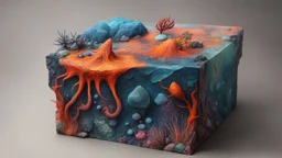 creatures, plants from subanautica from deep sea, drawn on the box, beautiful, magma from a Vulcan with a beautiful colours, minerals