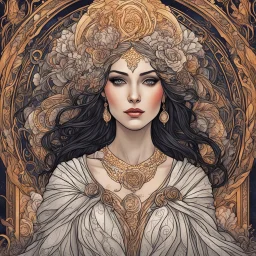 create an ethereal, darkly magical art nouveau illustration of an epic aged female Andalusian sorceress with highly detailed and deeply cut facial features, in the style of GUSTAV KLIMT , ALPHONSE MUCHA , and CHARLES RENNIE MACKINTOSH, combined with searing lines and forceful strokes, precisely drawn, boldly inked, and darkly colored