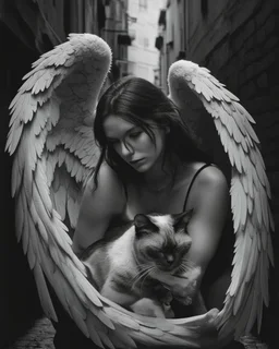 Prompt: An closeup portrait of a ultra-realistic black-and-white cinematic photograph with dramatic chiaroscuro lighting and a soft depth-of-field, inspired by fine art street photography. A guardian-like angelic woman with large, detailed wings crouches protectively in a narrow cobblestone alley, gently holding a sleeping Oriental Shorthair Siamese chocolate point cat in a clearly protective and caring posture, conveying safety, warmth, and compassion. The alley is enclosed by tall urban buildi
