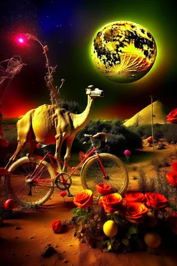 A weird abstract image of an oasis, a camel, astronot, broken bicycle, bush of yellow roses, clear skies with red moon, army tanker, weird, chaos80, surrealism