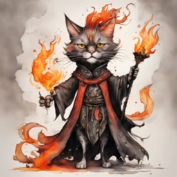 create an abstract ink wash and watercolor full body caricature of an aged, malevolent, ornately dressed , 14th century sorceress cat wreathed in fire ,highly detailed with refined feline features in the cartoon caricature style of Gerald Scarfe and Ralph Steadman precisely drawn, boldly inked, vividly colored, 4k